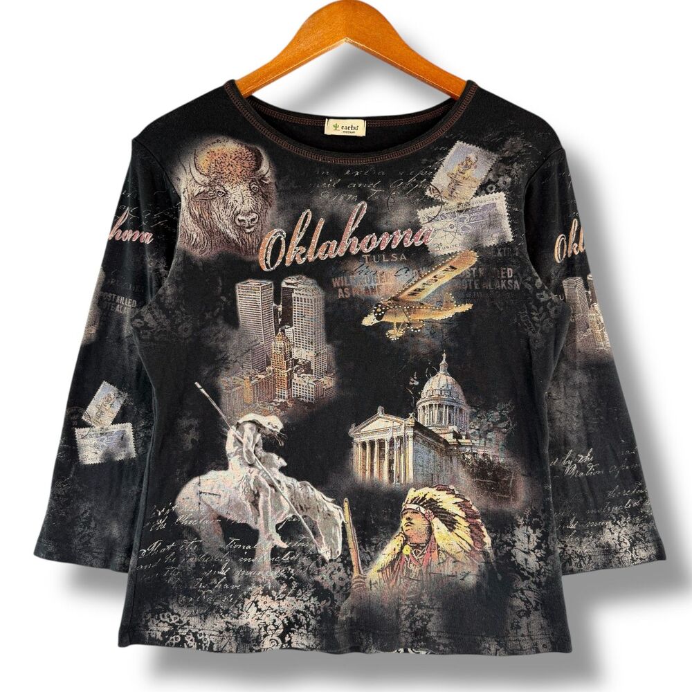 Oklahoma Western Boho Y2K Retro Graphic Long Sleeve Black Tee Shirt Size M